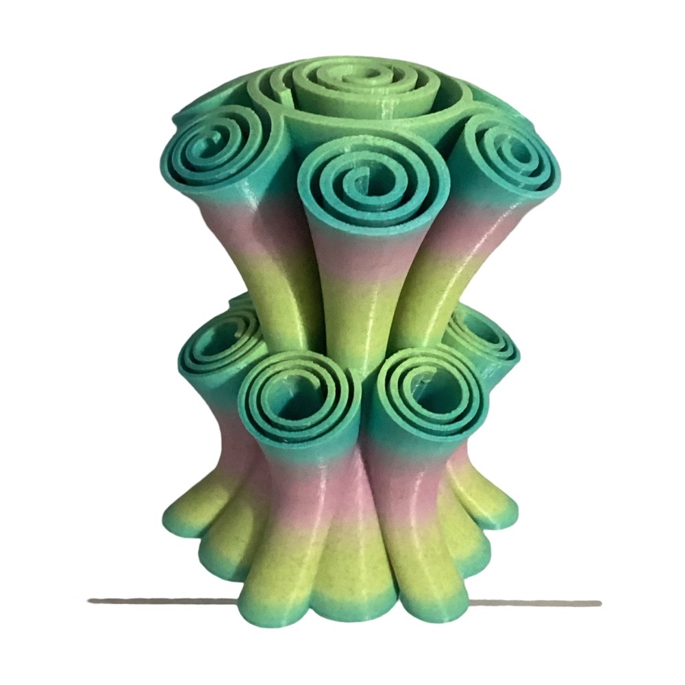 3D Printed Vase Decor, Color Gradient Stacked, Rolled & Spiral Shapes